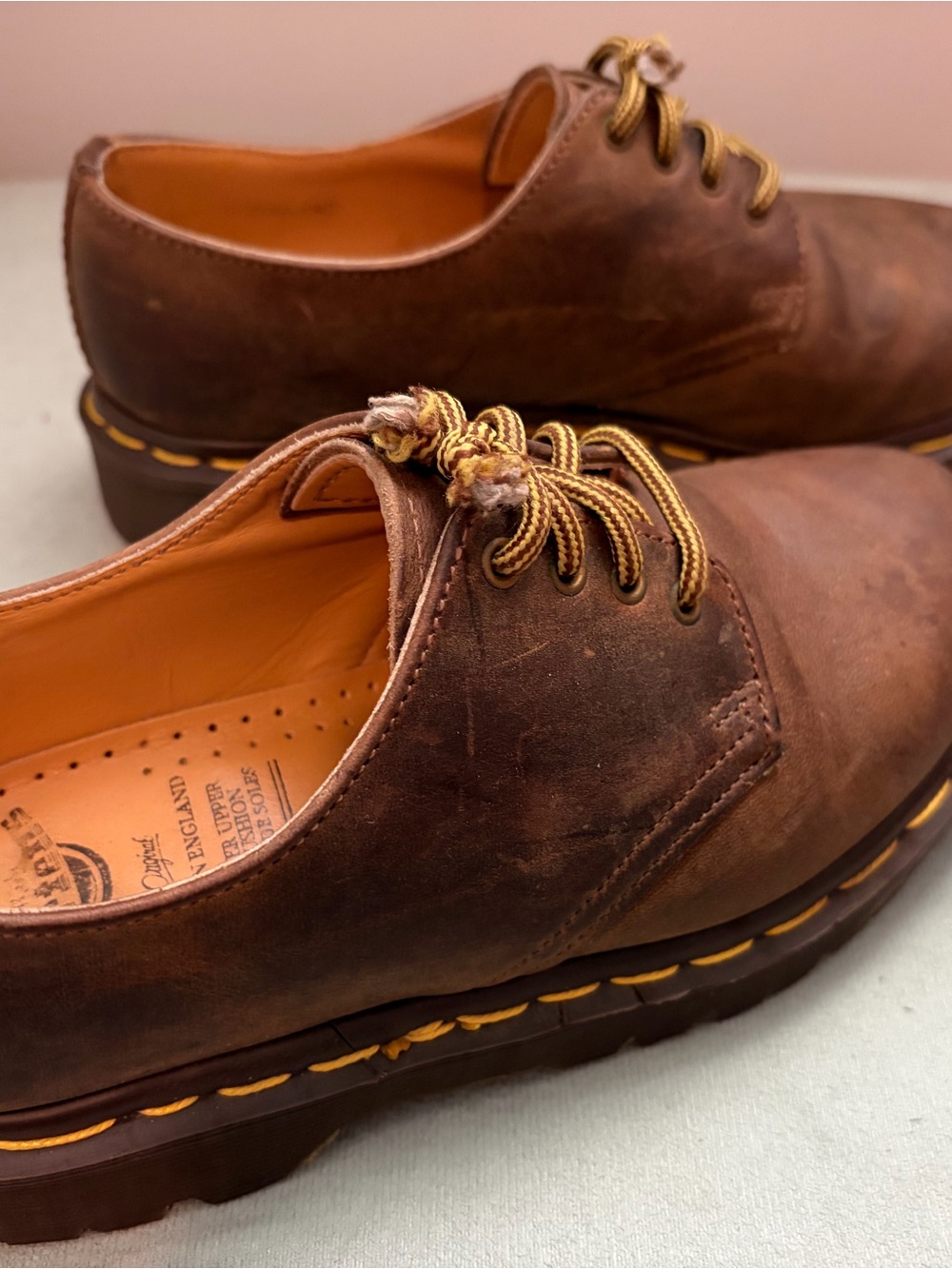 Dr. Martens Brown Nubuck Derby Shoes with Yellow Stitching